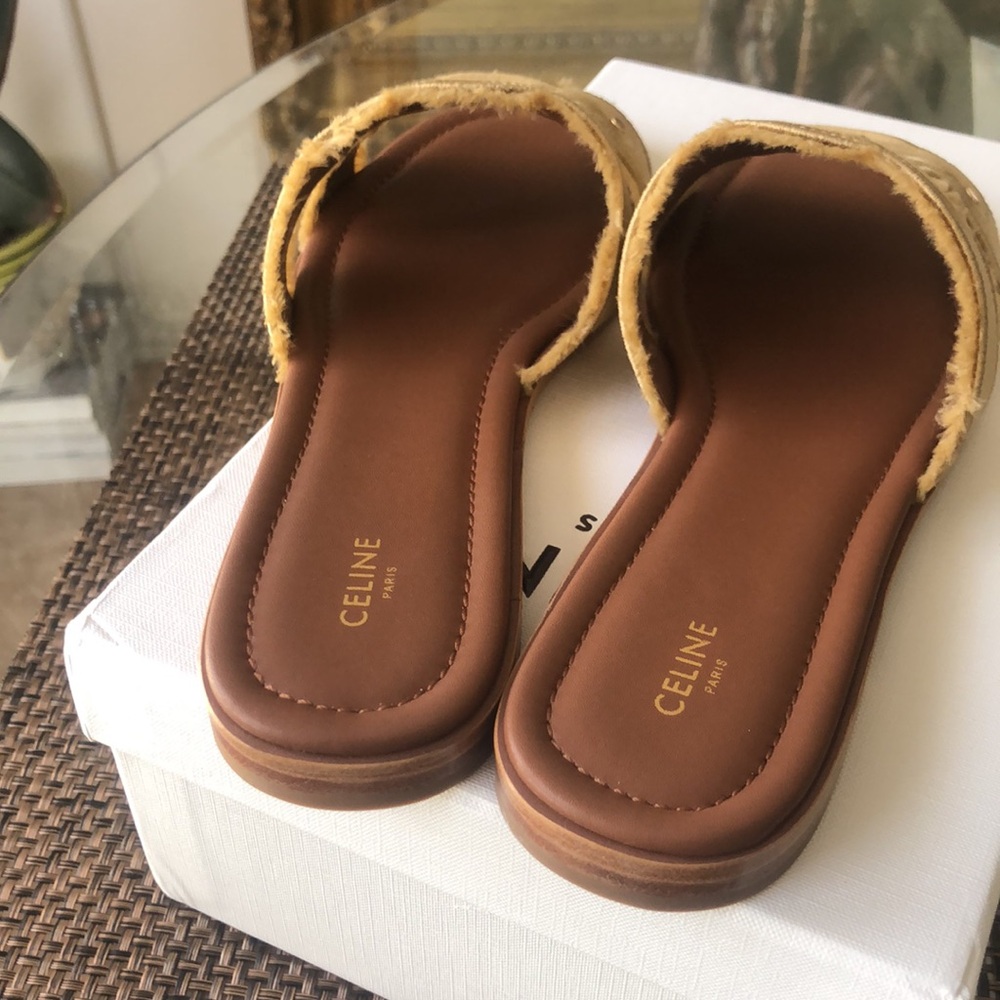 Celine Beige Raffia Slide Sandals size 38 - Picture 5 of 9